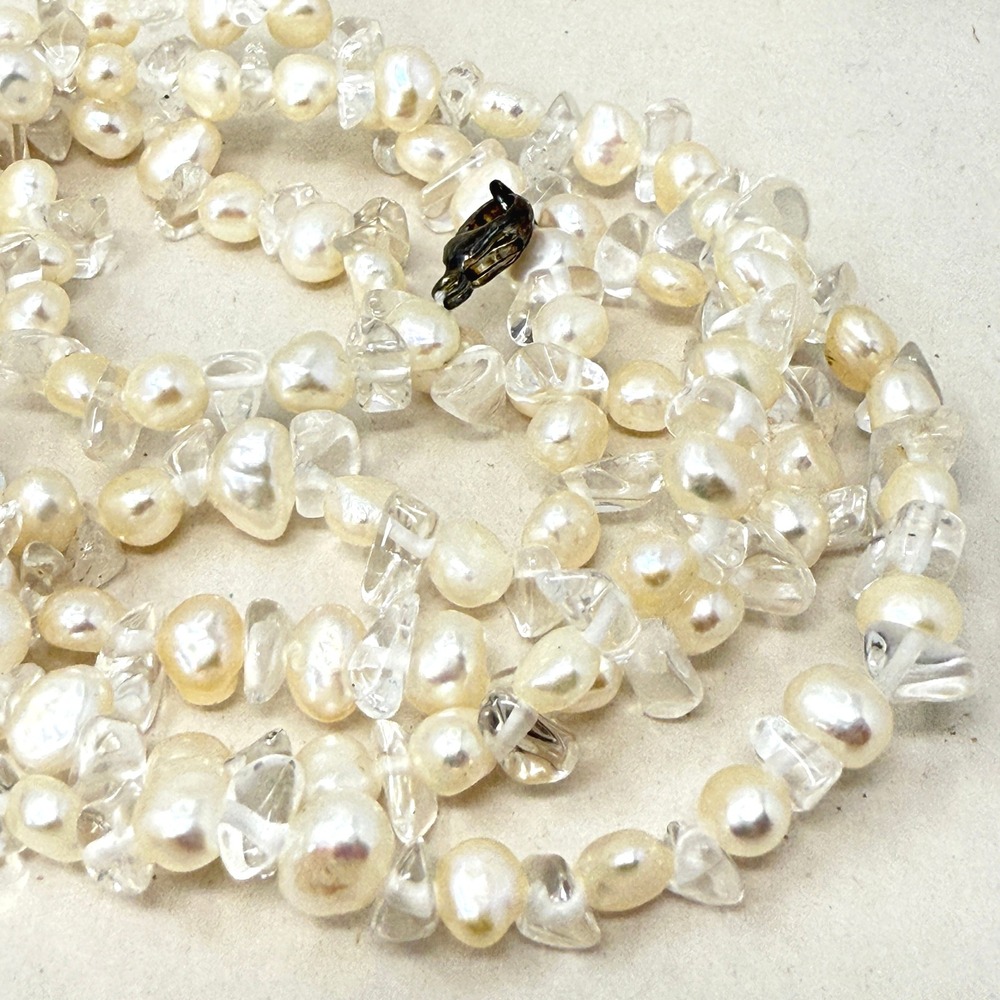 Genuine Pearl‎ and Quartz Chip Necklace Sterling Silver Clasp Long Strand